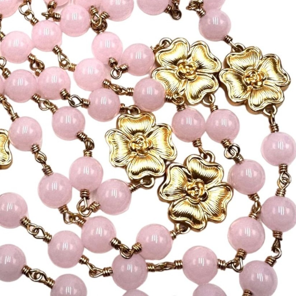 Catwalk Jon Pink Glass Bead Matte Gold Tone Camellia Flower 62" Necklace